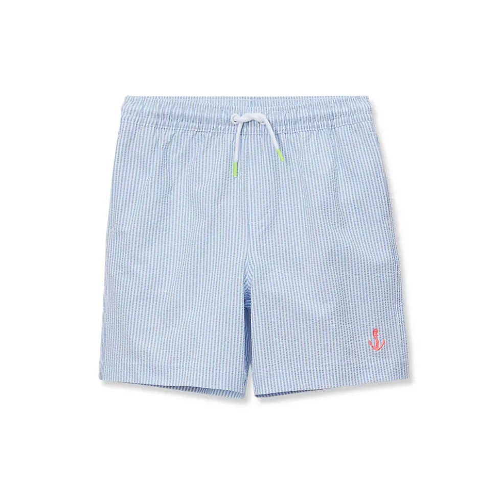 Boys Chlorine Resistant Seersucker Swim Trunks with Mesh Liner