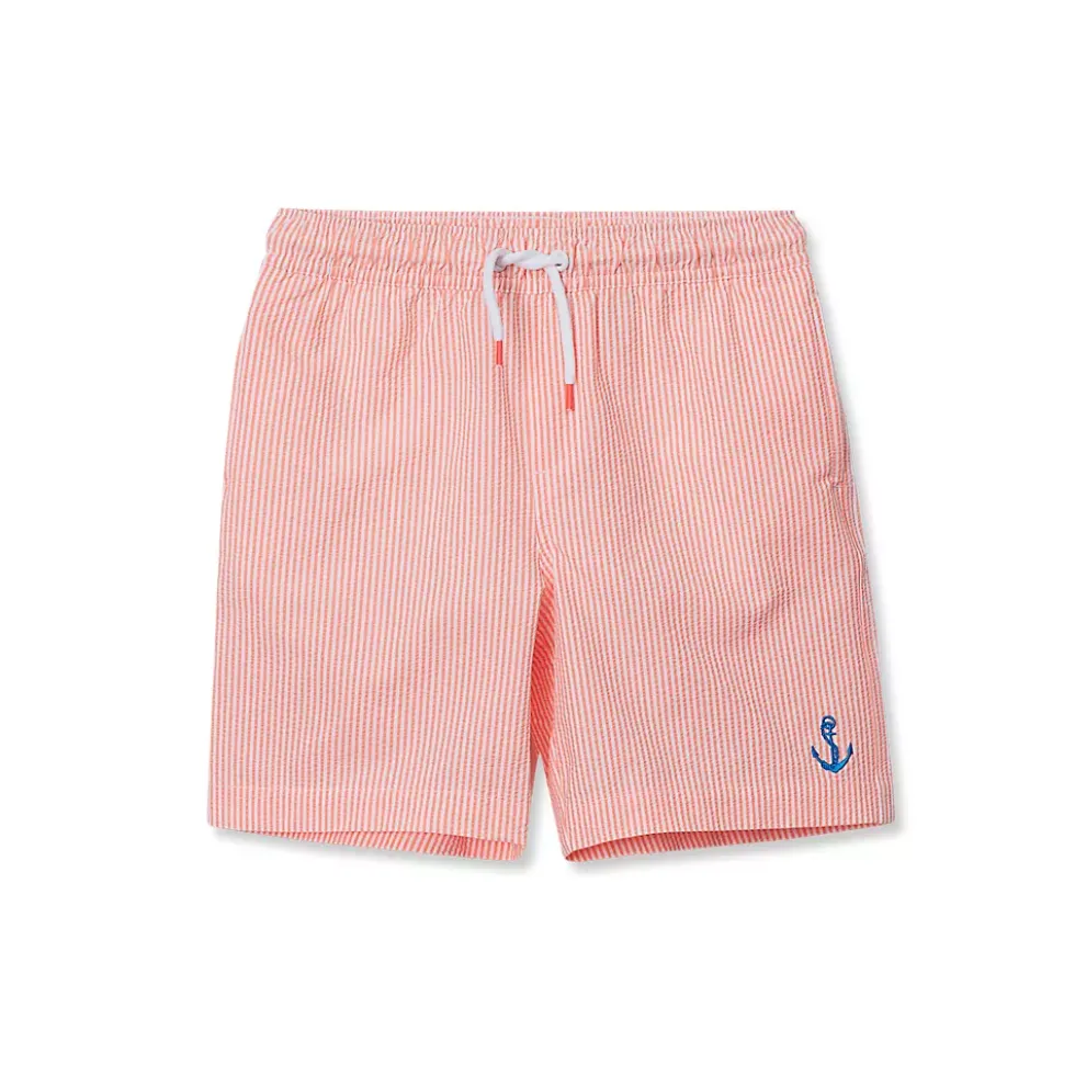 Boys Chlorine Resistant Seersucker Swim Trunks with Mesh Liner
