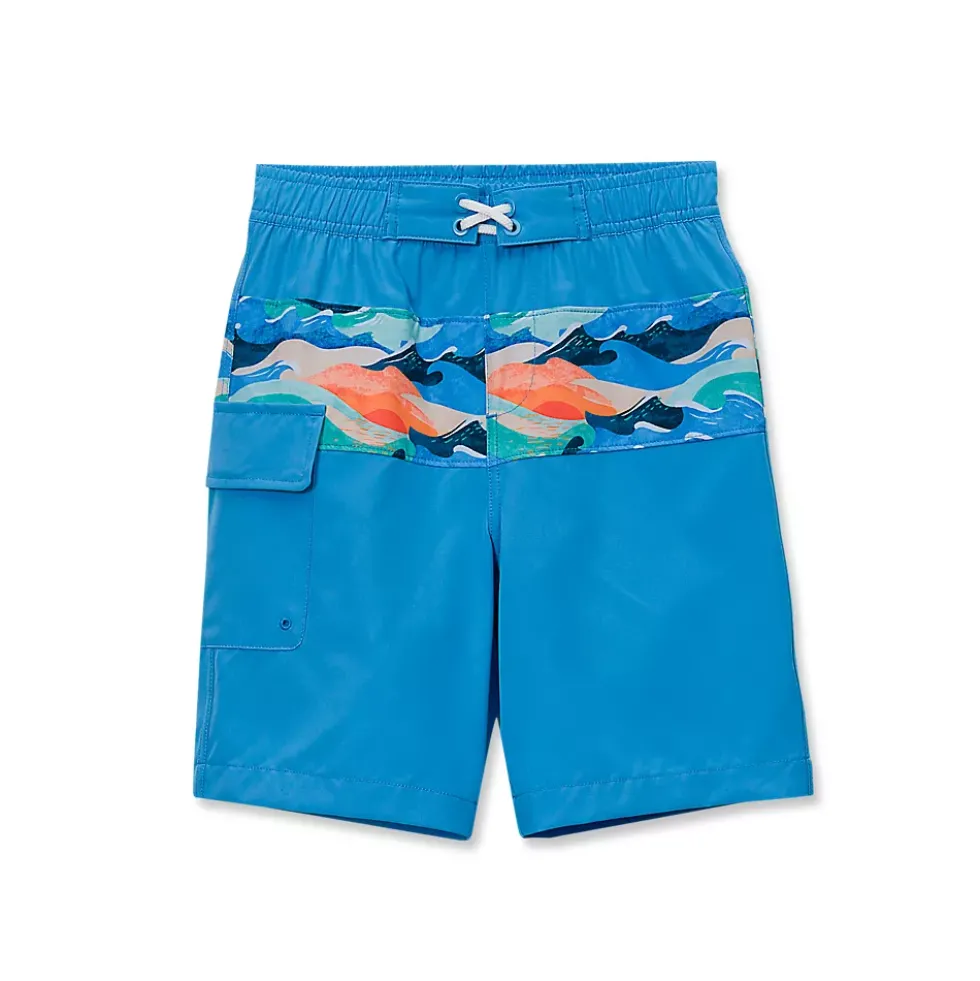 Boys Chlorine Resistant Stretch Print Blocked Hydroliner Board Swim Trunks
