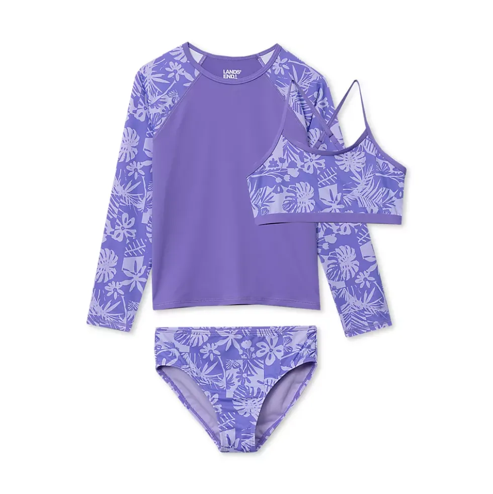 Girls Chlorine Resistant Long Sleeve Rash Guard Bikini 3 Piece Swimsuit Set