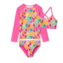 Girls Chlorine Resistant Long Sleeve Rash Guard Bikini 3 Piece Swimsuit Set