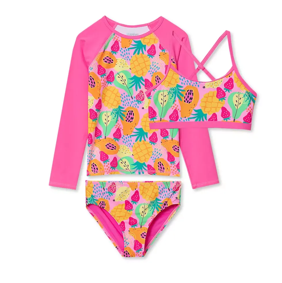 Girls Chlorine Resistant Long Sleeve Rash Guard Bikini 3 Piece Swimsuit Set