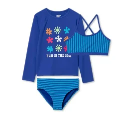 Girls Chlorine Resistant Long Sleeve Rash Guard Bikini 3 Piece Swimsuit Set