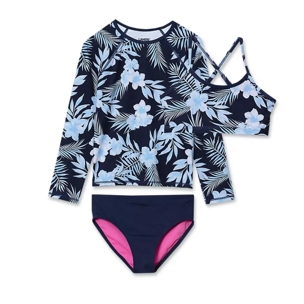 Girls Chlorine Resistant Long Sleeve Rash Guard Bikini 3 Piece Swimsuit Set
