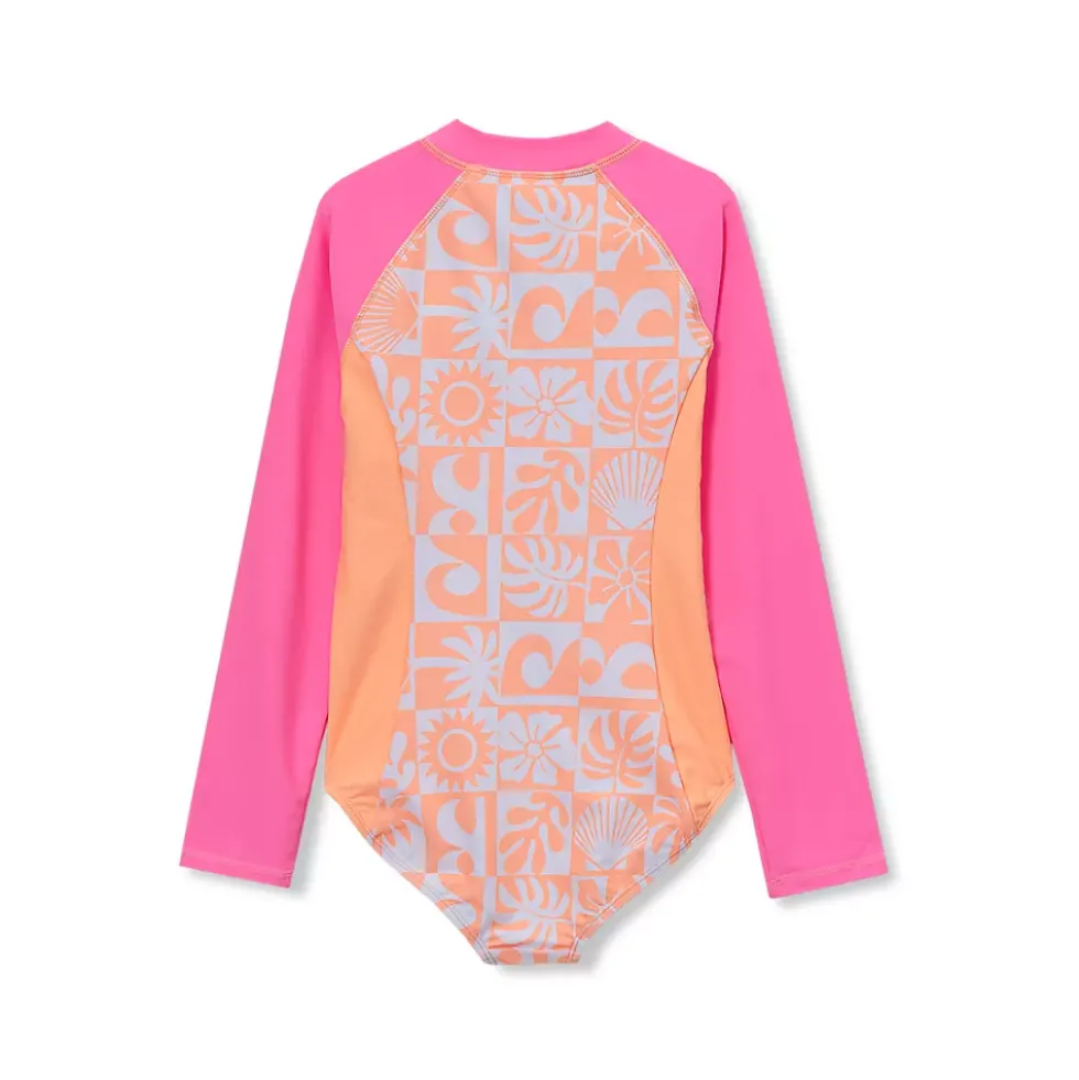 Girls Chlorine Resistant Long Sleeve One Piece Half Zip Swimsuit