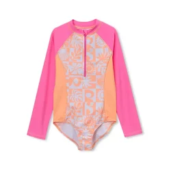Girls Chlorine Resistant Long Sleeve One Piece Half Zip Swimsuit