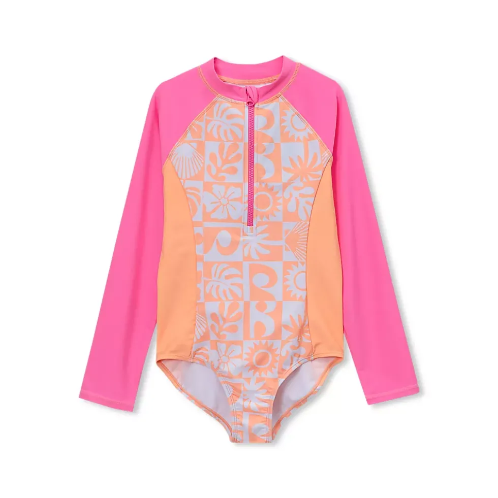 Girls Chlorine Resistant Long Sleeve One Piece Half Zip Swimsuit