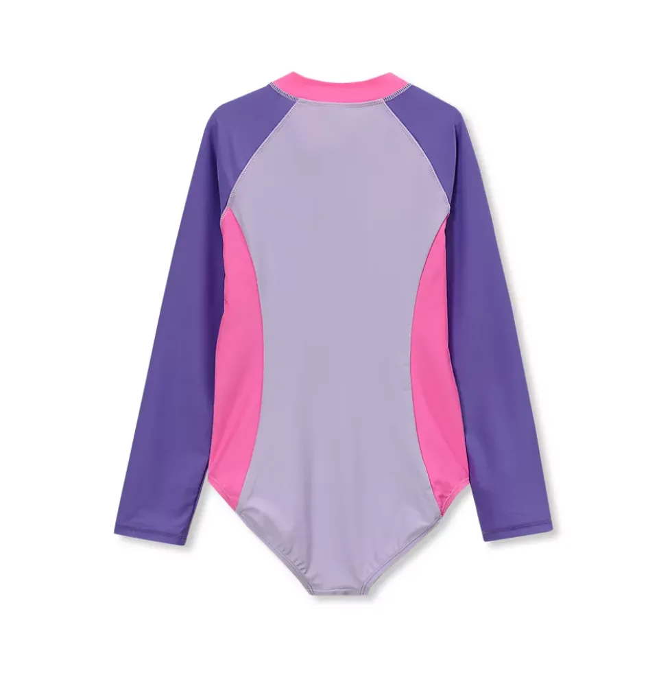 Girls Chlorine Resistant Long Sleeve One Piece Half Zip Swimsuit