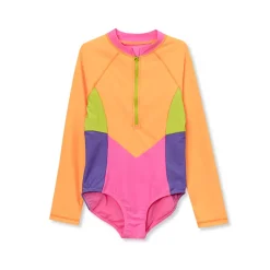 Girls Chlorine Resistant Long Sleeve One Piece Half Zip Swimsuit
