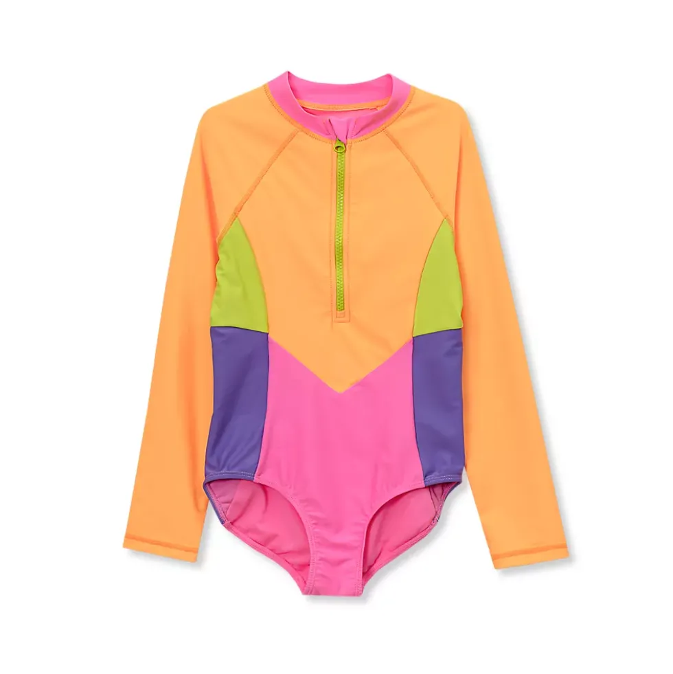 Girls Chlorine Resistant Long Sleeve One Piece Half Zip Swimsuit