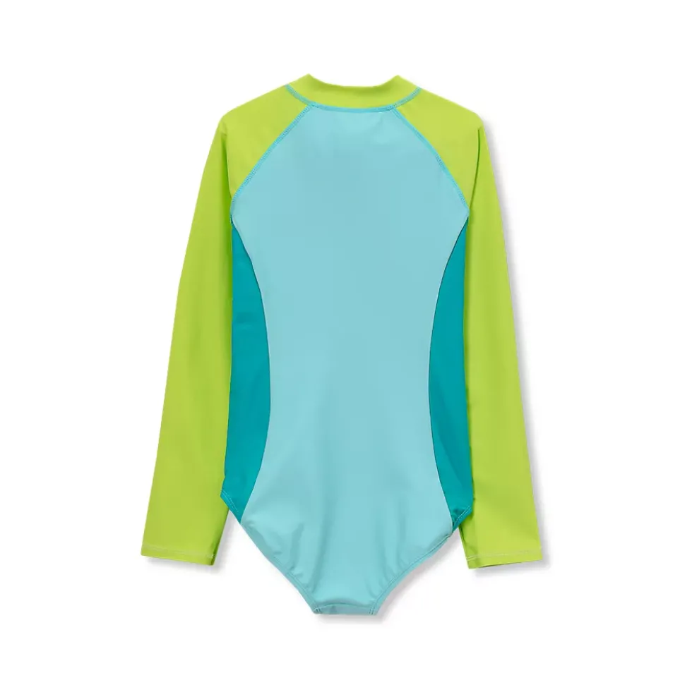 Girls Chlorine Resistant Long Sleeve One Piece Half Zip Swimsuit