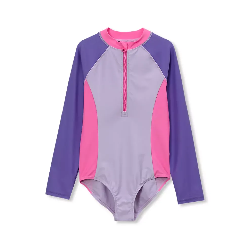 Girls Chlorine Resistant Long Sleeve One Piece Half Zip Swimsuit