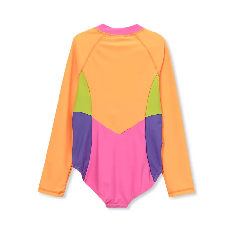 Girls Chlorine Resistant Long Sleeve One Piece Half Zip Swimsuit