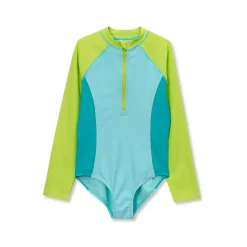 Girls Chlorine Resistant Long Sleeve One Piece Half Zip Swimsuit