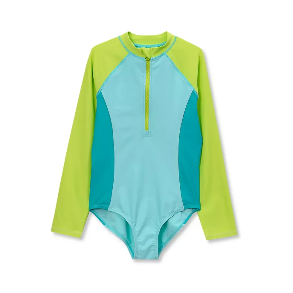 Girls Chlorine Resistant Long Sleeve One Piece Half Zip Swimsuit