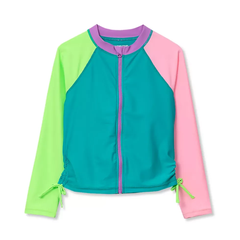 Girls Chlorine Resistant Long Sleeve Zip Front Rash Guard