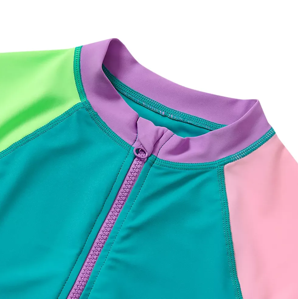 Girls Chlorine Resistant Long Sleeve Zip Front Rash Guard