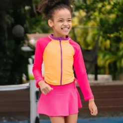 Girls Chlorine Resistant Long Sleeve Zip Front Rash Guard