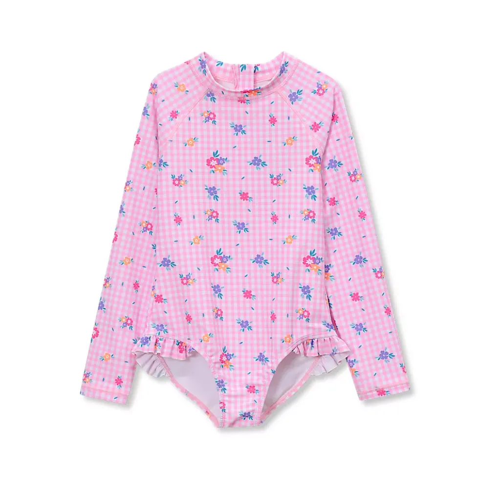 Girls Chlorine Resistant Long Sleeve Ruffle One Piece Swimsuit