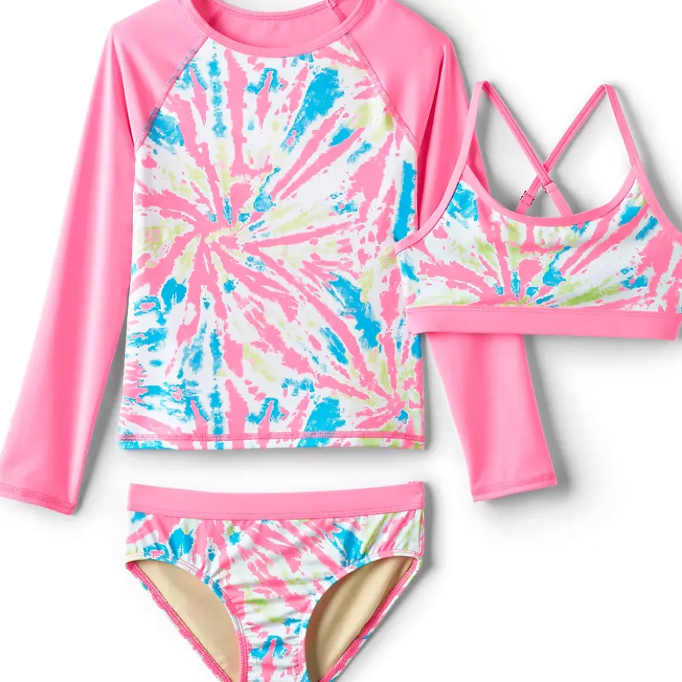Girls Chlorine Resistant Rash Guard Swim Top Bikini Top and Bottoms UPF 50 Swimsuit Set