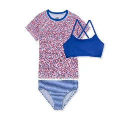 Girls Chlorine Resistant Short Sleeve Rash Guard 3 Piece Swimsuit Set