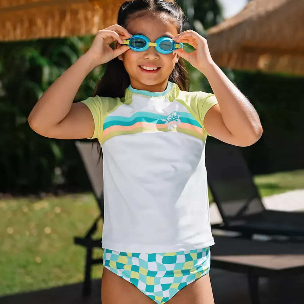 Girls Chlorine Resistant Short Sleeve Rash Guard 3 Piece Swimsuit Set