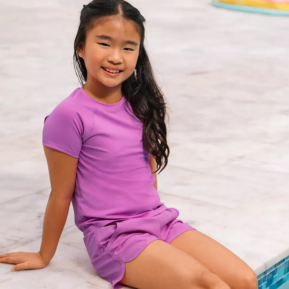 Girls Chlorine Resistant Short Sleeve Magic Print Swim Rash Guard