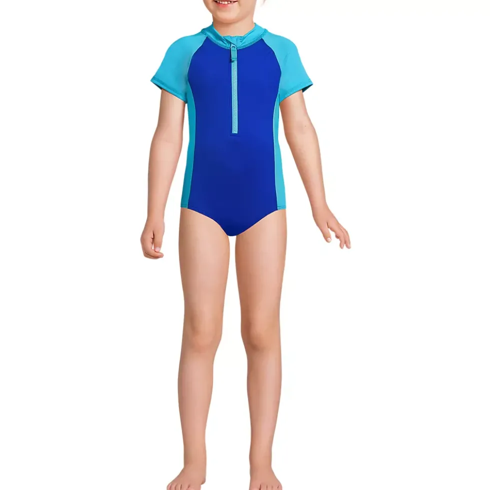 Girls Chlorine Resistant Short Sleeve One Piece Half Zip Swimsuit