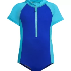 Girls Chlorine Resistant Short Sleeve One Piece Half Zip Swimsuit