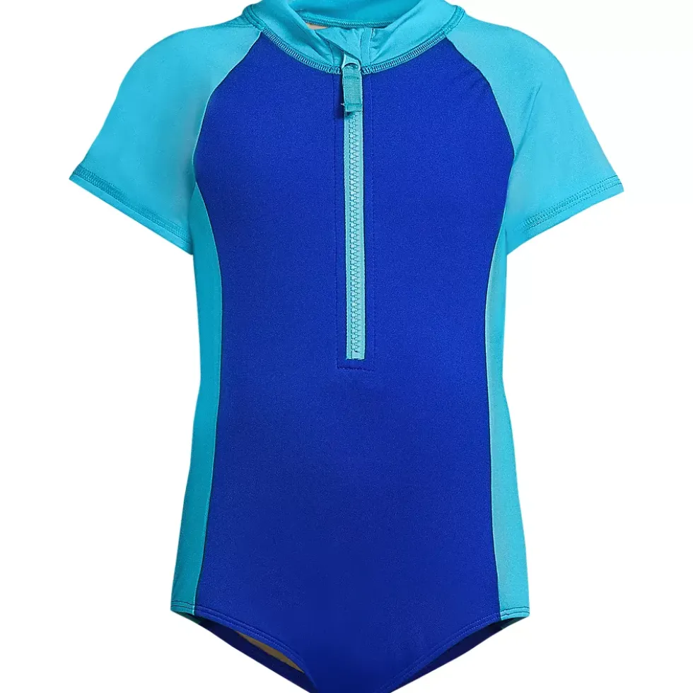 Girls Chlorine Resistant Short Sleeve One Piece Half Zip Swimsuit
