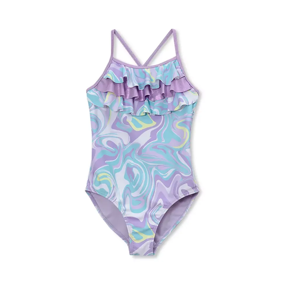 Girls Chlorine Resistant X-Back Ruffle One Piece Swimsuit