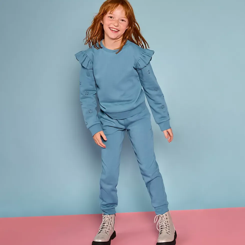 Girls Long Sleeve Cozy Fleece Ruffle Eyelet Sweatshirt