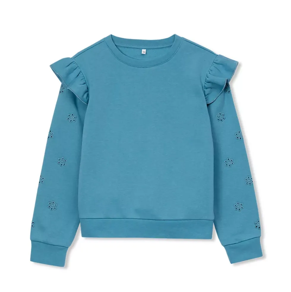 Girls Long Sleeve Cozy Fleece Ruffle Eyelet Sweatshirt