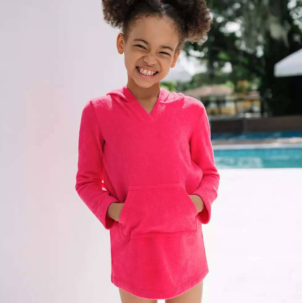 Girls Long Sleeve Hooded Front Pocket Terry Cloth Swimsuit Cover-Up