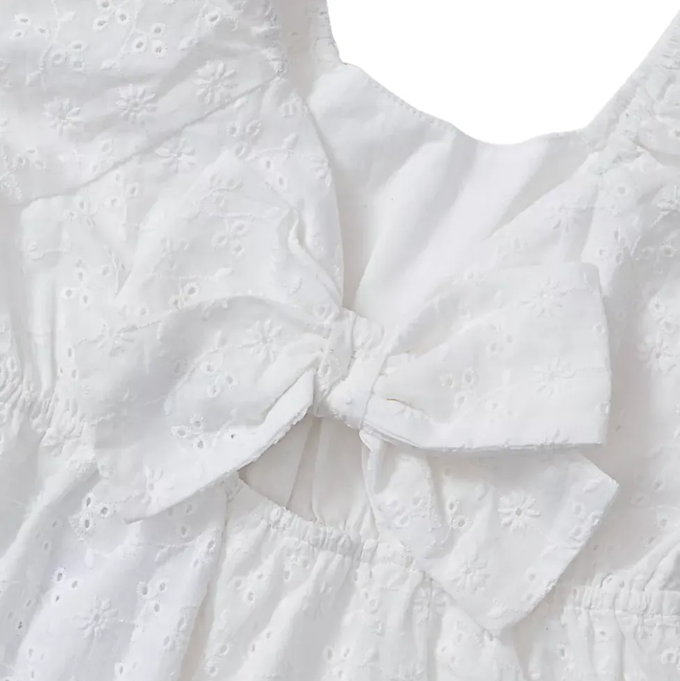 Girls Short Sleeve Eyelet Bow Dress