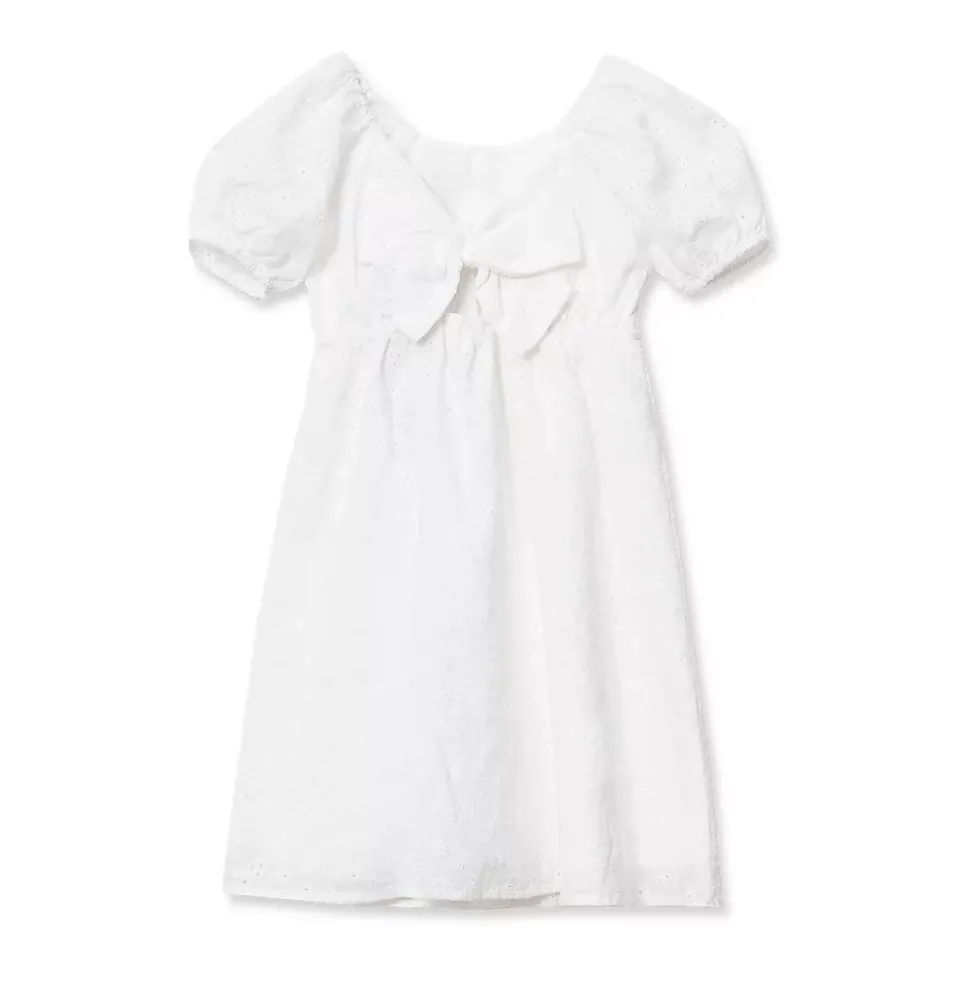 Girls Short Sleeve Eyelet Bow Dress