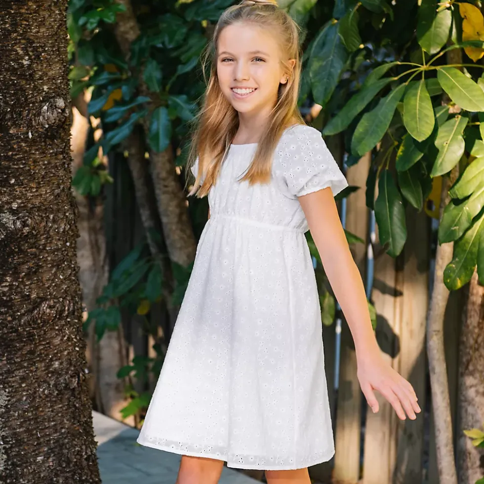 Girls Short Sleeve Eyelet Bow Dress