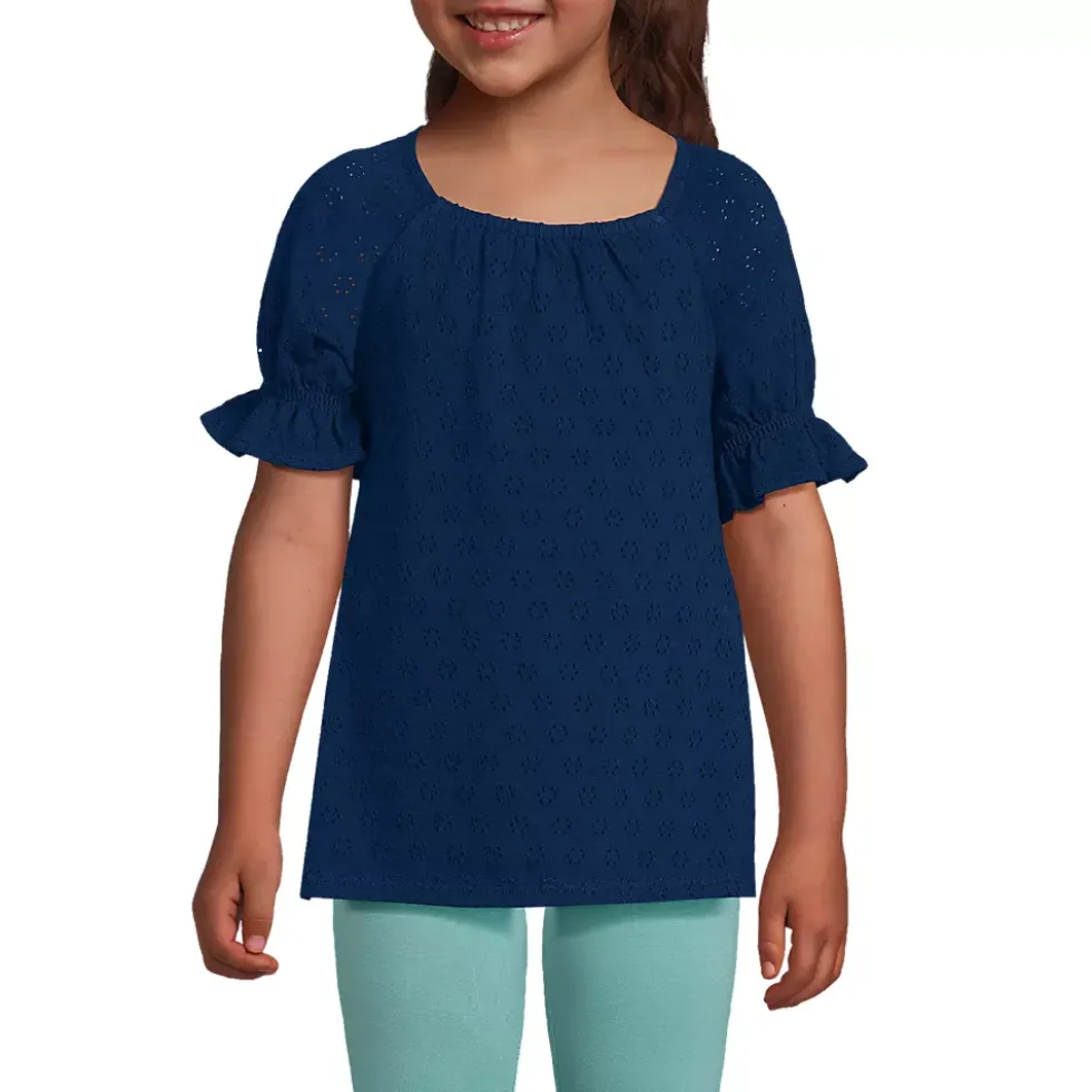 Girls Short Sleeve Eyelet Ruffle Sleeve Top
