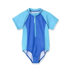 Girls Short Sleeve One Piece Half Zip Swimsuit