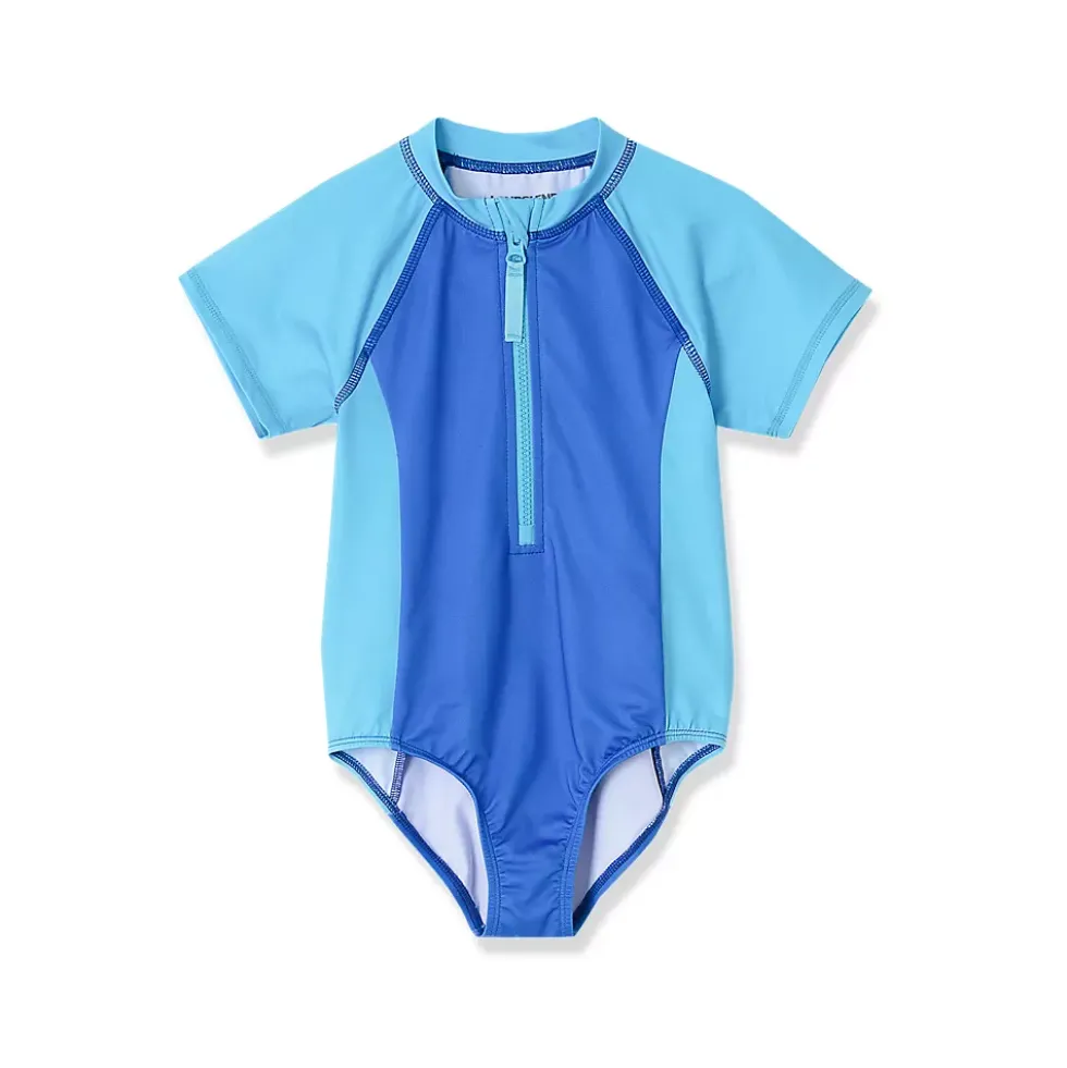 Girls Short Sleeve One Piece Half Zip Swimsuit