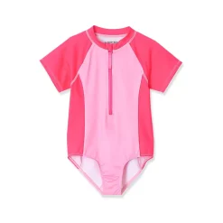 Girls Short Sleeve One Piece Half Zip Swimsuit