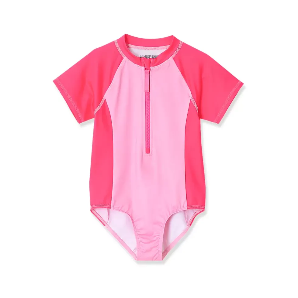 Girls Short Sleeve One Piece Half Zip Swimsuit