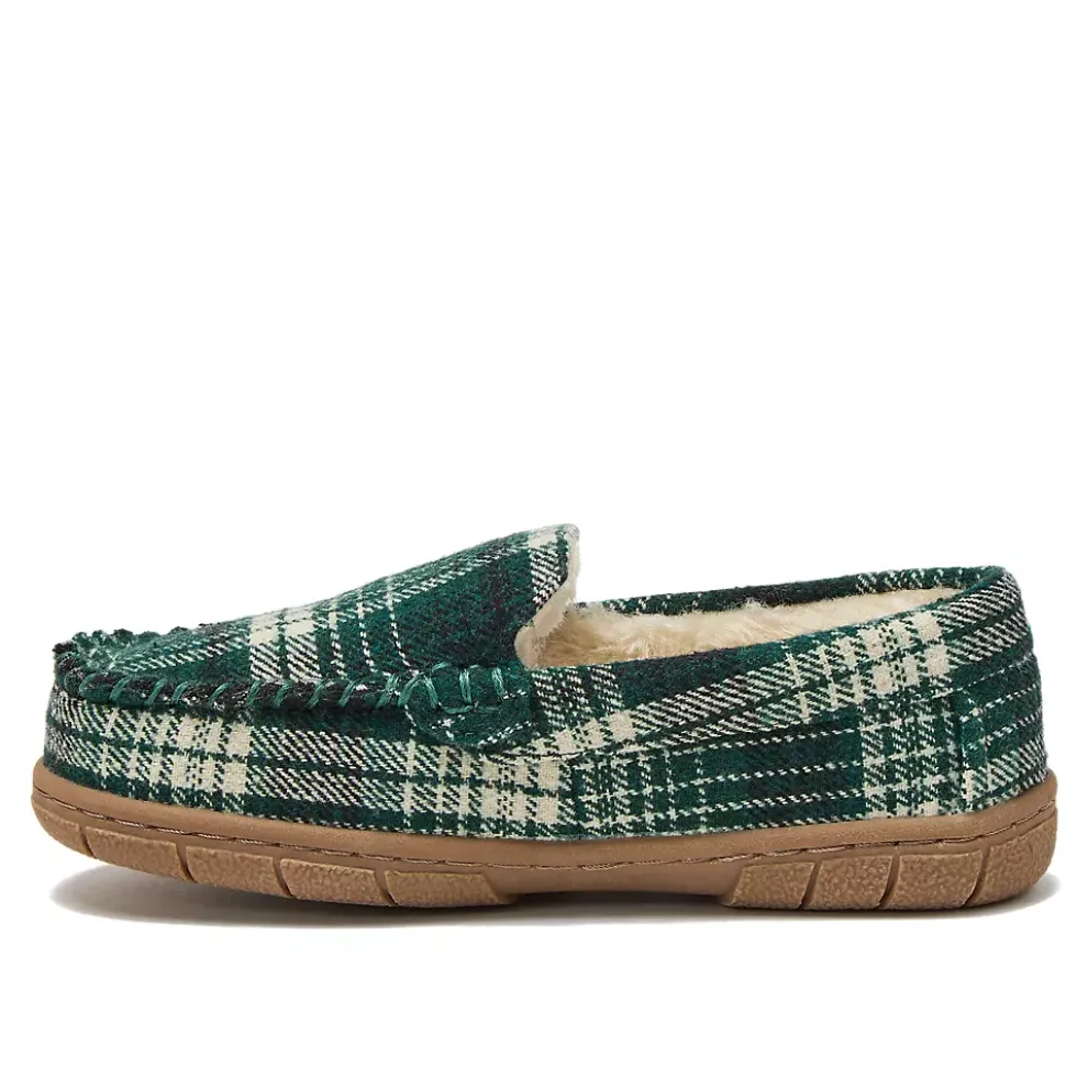 Kids Fuzzy Lined Plaid Moccasin Slippers