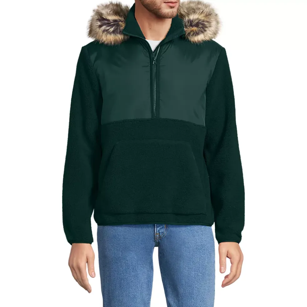 Men's Hooded Half Zip Faux Fur Sherpa Fleece Pullover