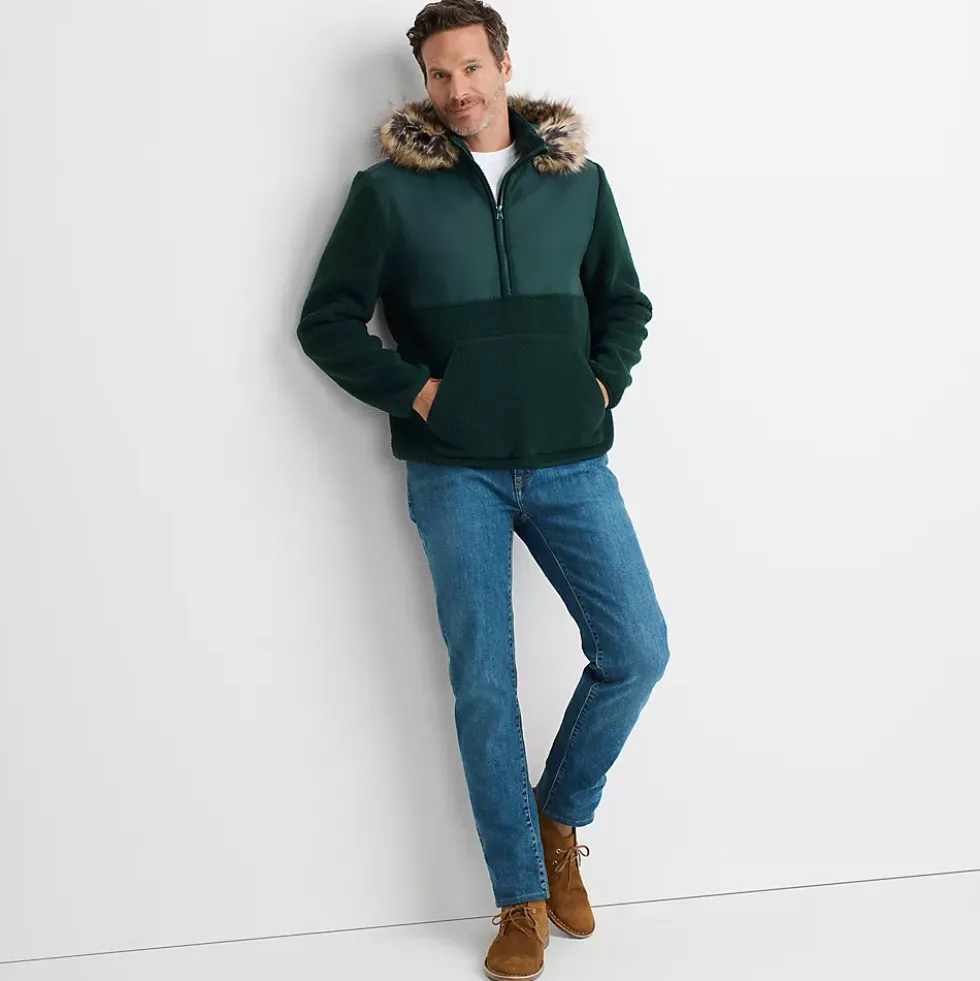 Men's Hooded Half Zip Faux Fur Sherpa Fleece Pullover