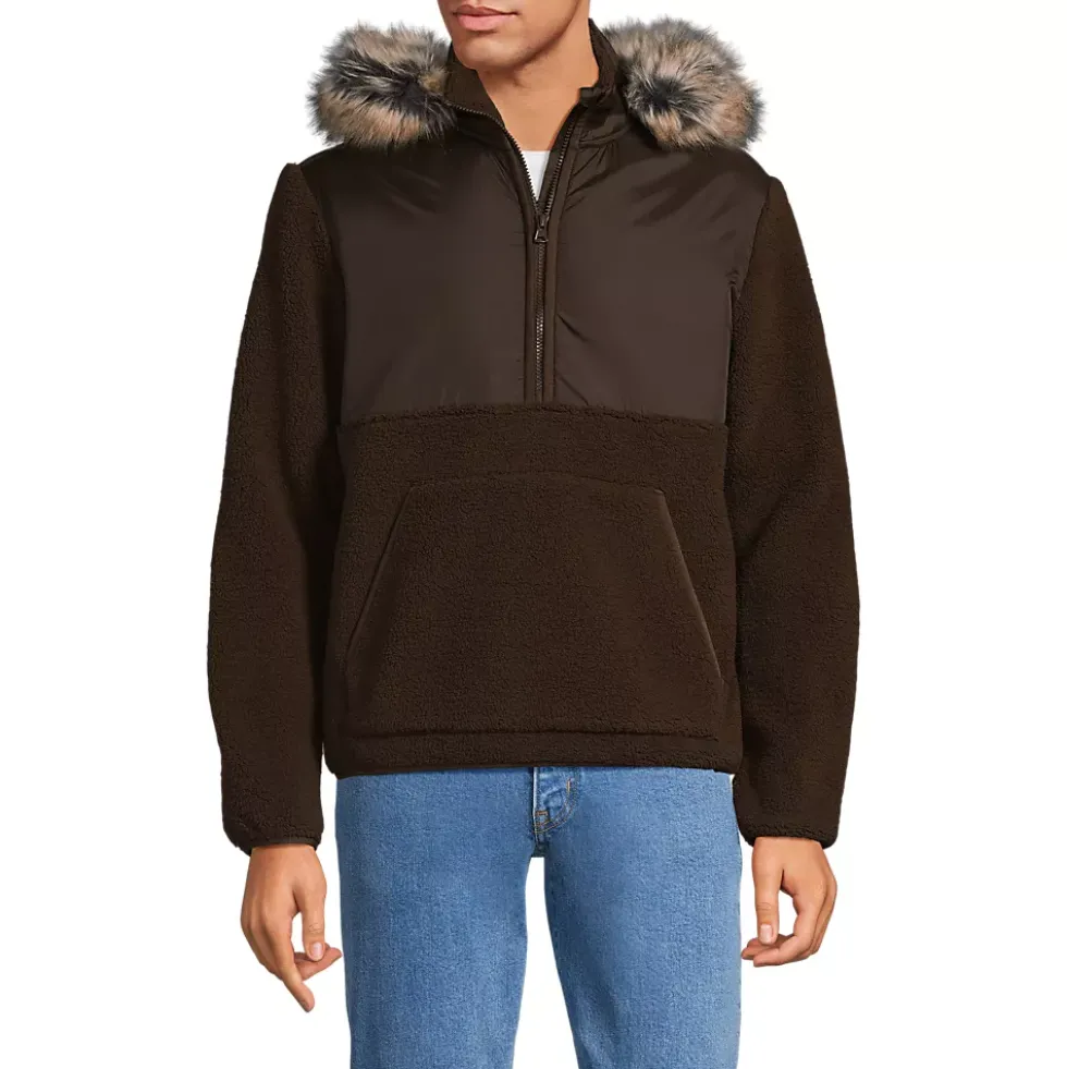 Men's Hooded Half Zip Faux Fur Sherpa Fleece Pullover