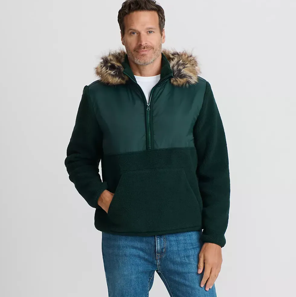 Men's Hooded Half Zip Faux Fur Sherpa Fleece Pullover