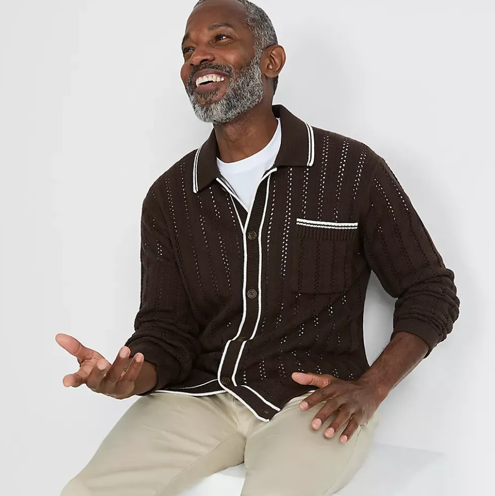 Men's Long Sleeve Button Through Summer Polo Cardigan