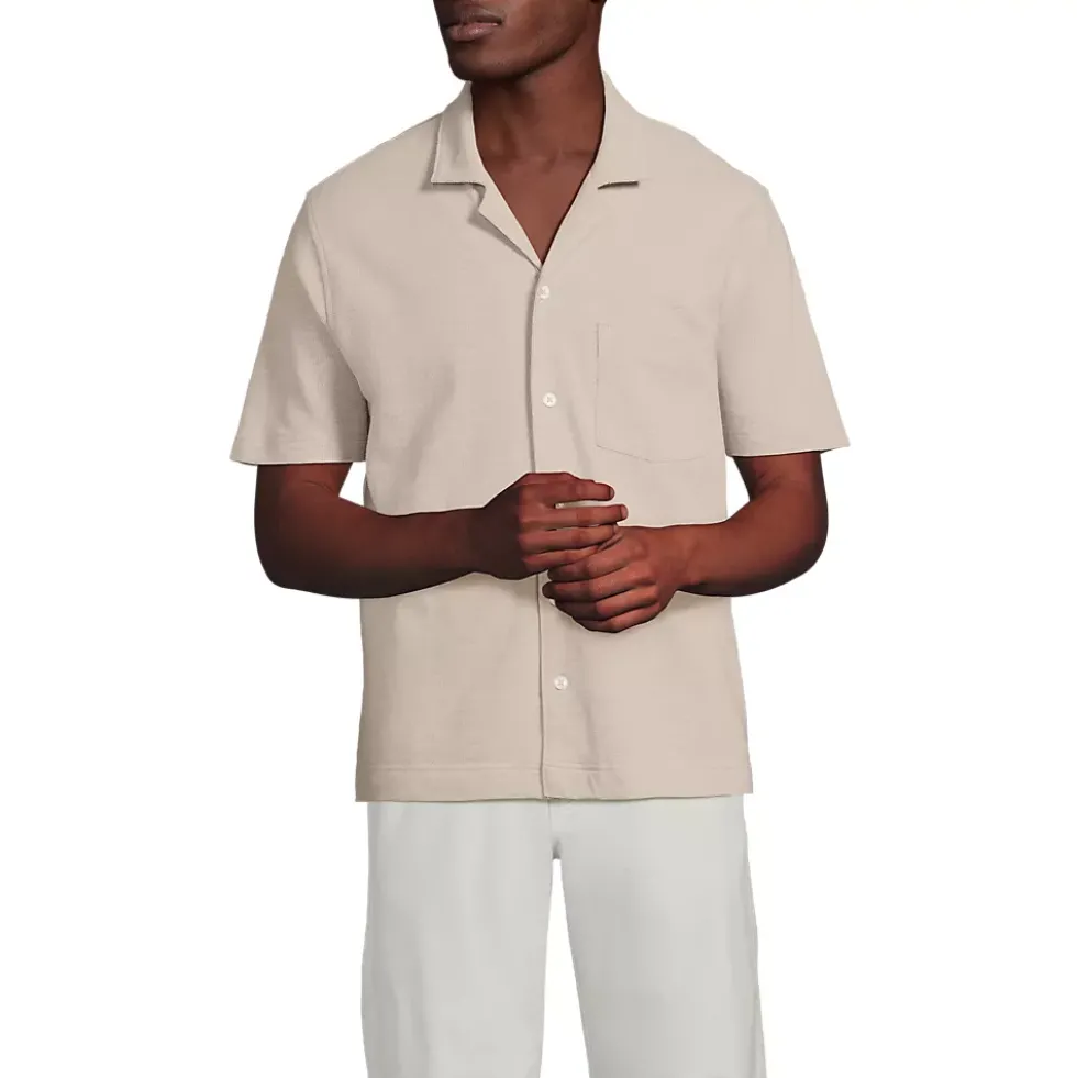 Men's Short Sleeve Cotton Linen Button Through Camp Collar Shirt