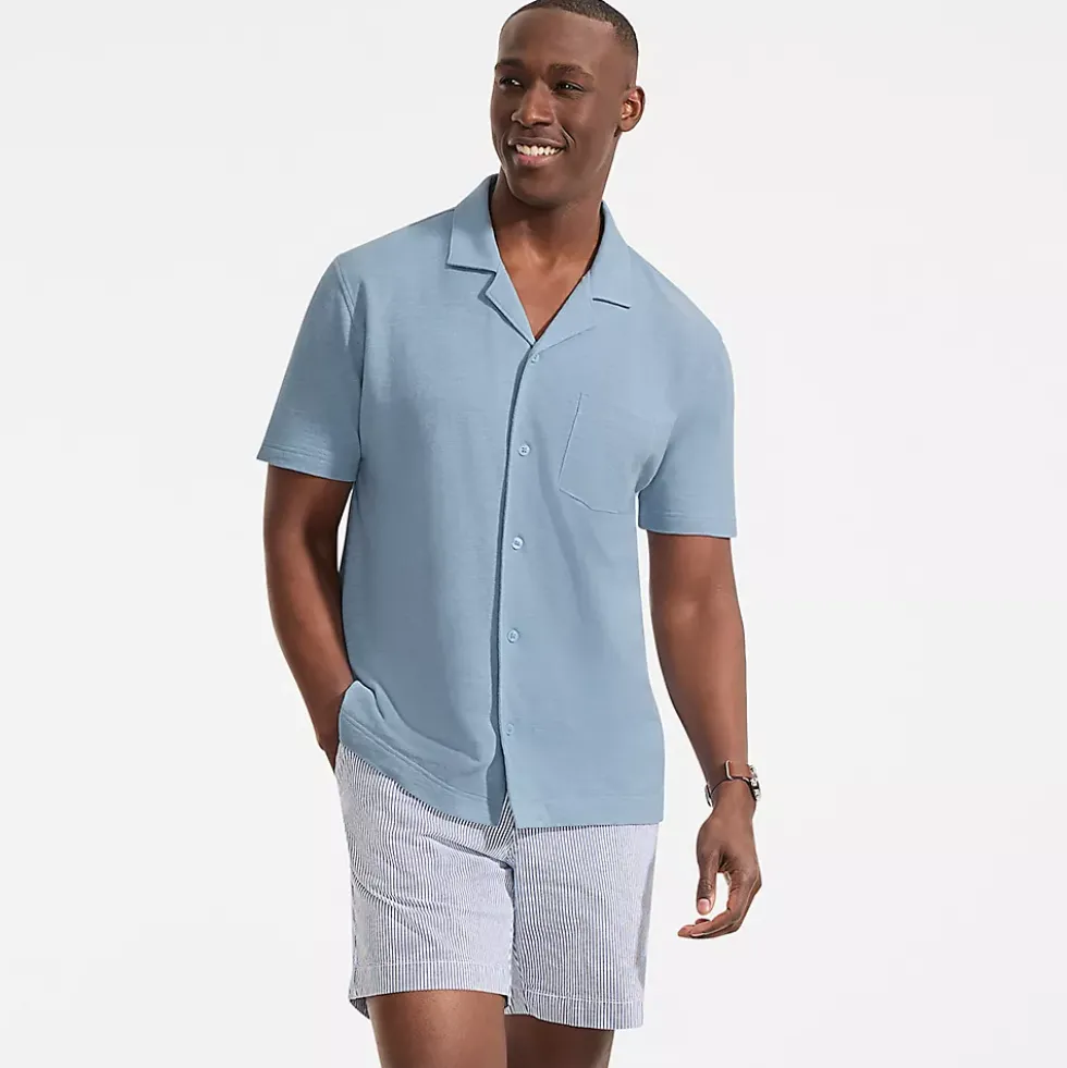 Men's Short Sleeve Cotton Linen Button Through Camp Collar Shirt